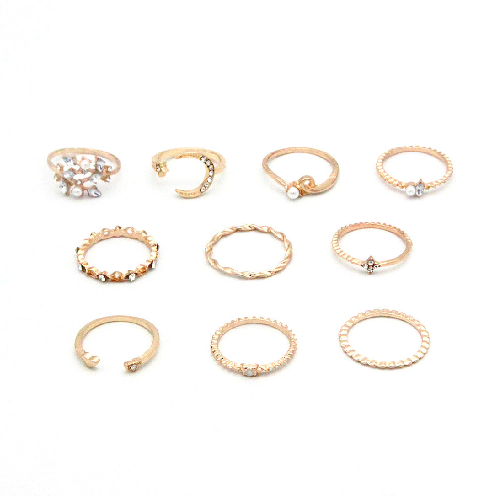 Ensemble "Cosmic-Boho" – Lot de 10 Bagues Artisanales Lune, Étoile & Nature