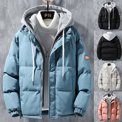 Veste à capuche de mode Hommes Hiver Coupe-vent épaissi faux manteau deux pièces Solide Loisirs Sports Veste en coton