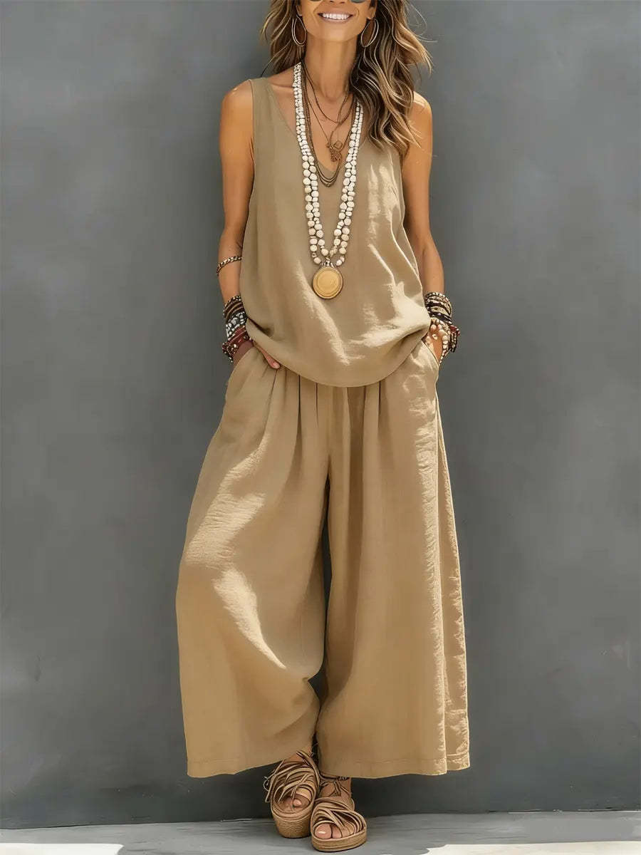 Débardeur décontracté sans manches de couleur unie pour femmes et pantalon à lambes larges Ensemble en lin de coton pour vêtements de tous les jours Tenue de vacances