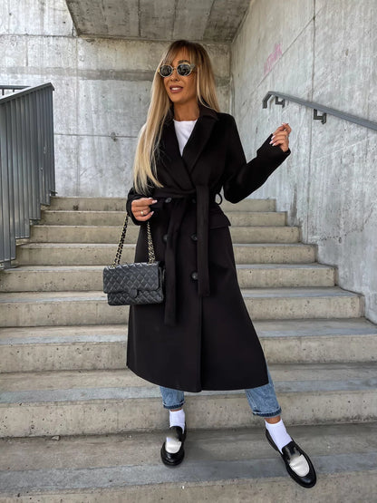 Manteau "Élégance Royale" – Coupe Longue ceinturée à Double Boutonnage