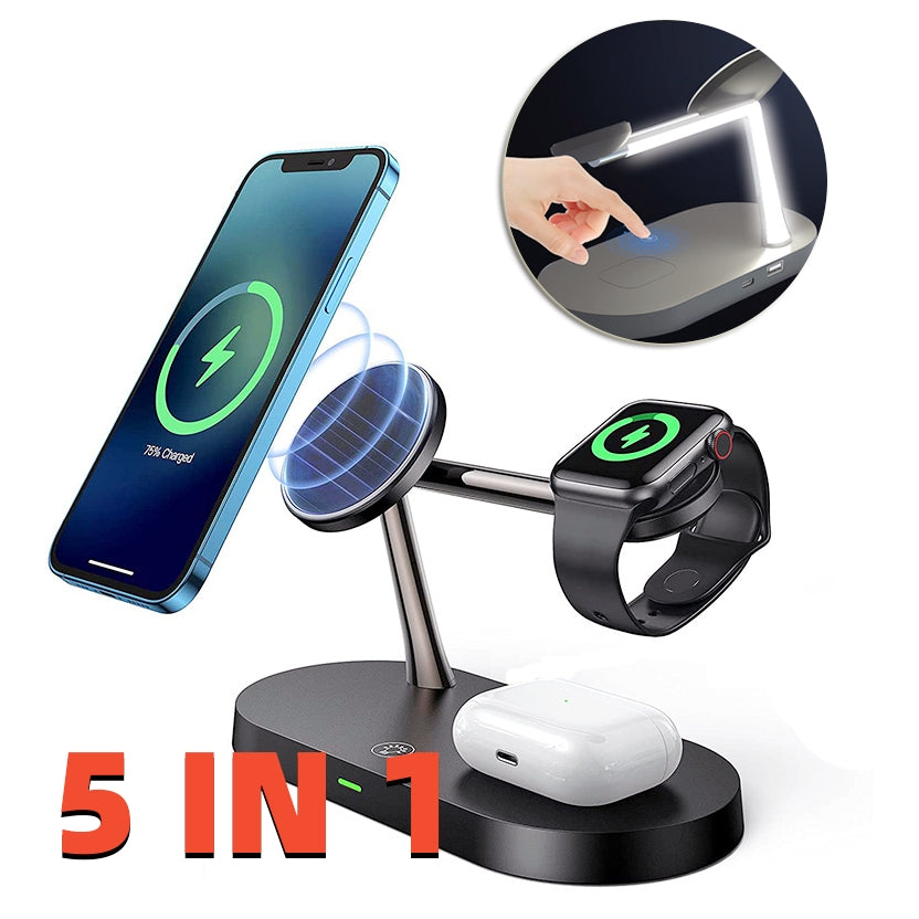 Multifonctionnel cinq en un magnétique sans fil chargeur de montre casque de bureau support de téléphone portable chargeur 15W charge rapide