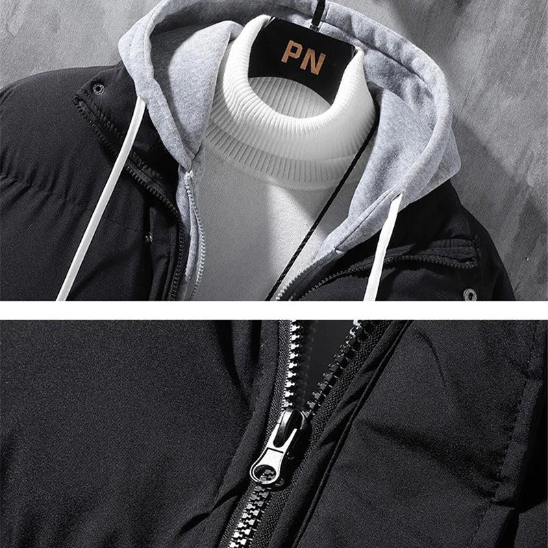 Veste à capuche de mode Hommes Hiver Coupe-vent épaissi faux manteau deux pièces Solide Loisirs Sports Veste en coton
