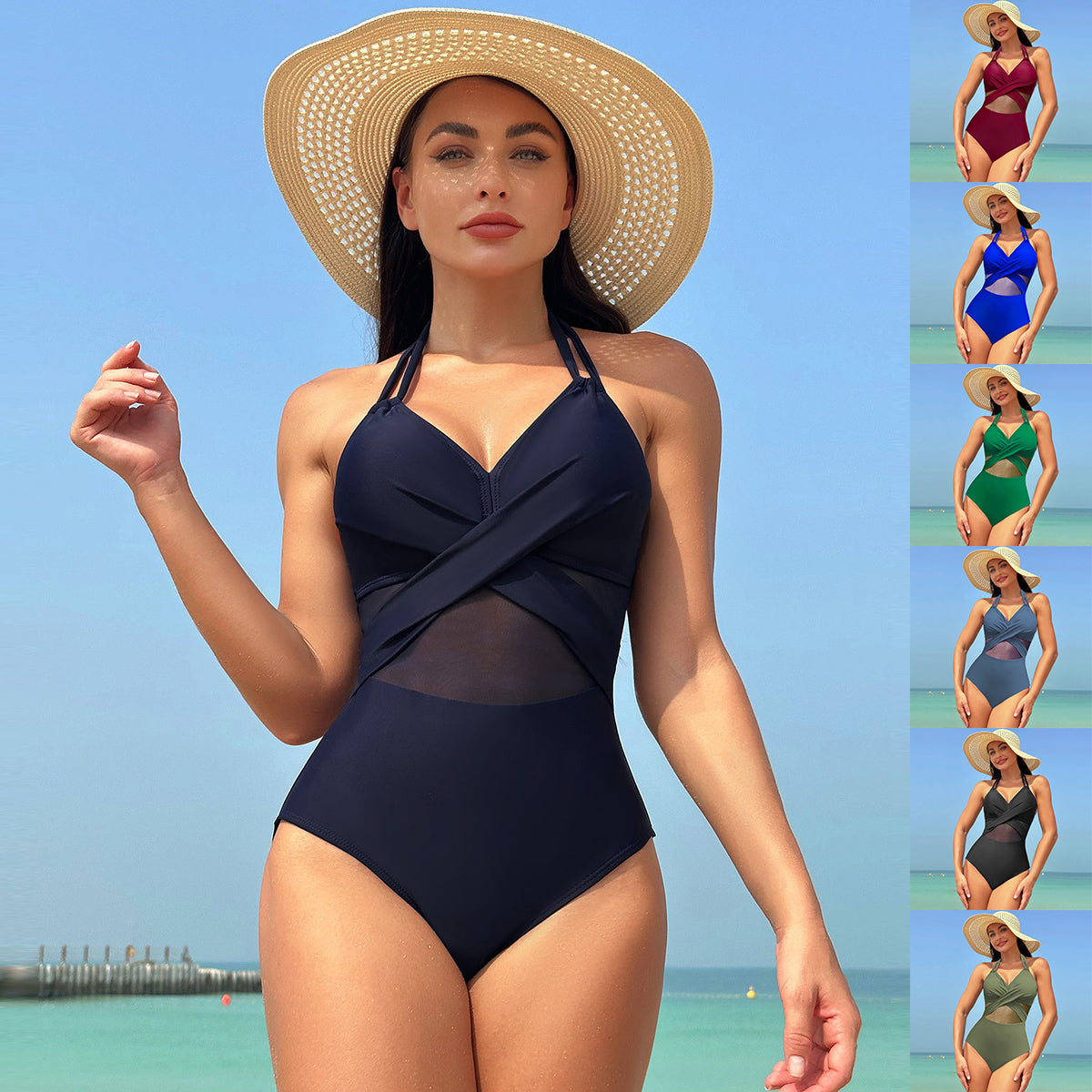 Maillot de Bain "Éclipse" One-Piece – Col Licou, Design Maille & Sangles Croisées