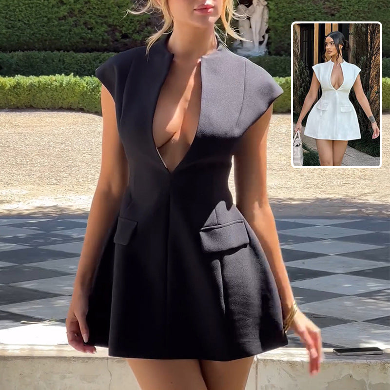 Robe sexy à col en V profond Mode d'été Style français Robes courtes mincissantes Cardigan Robe de tempérament