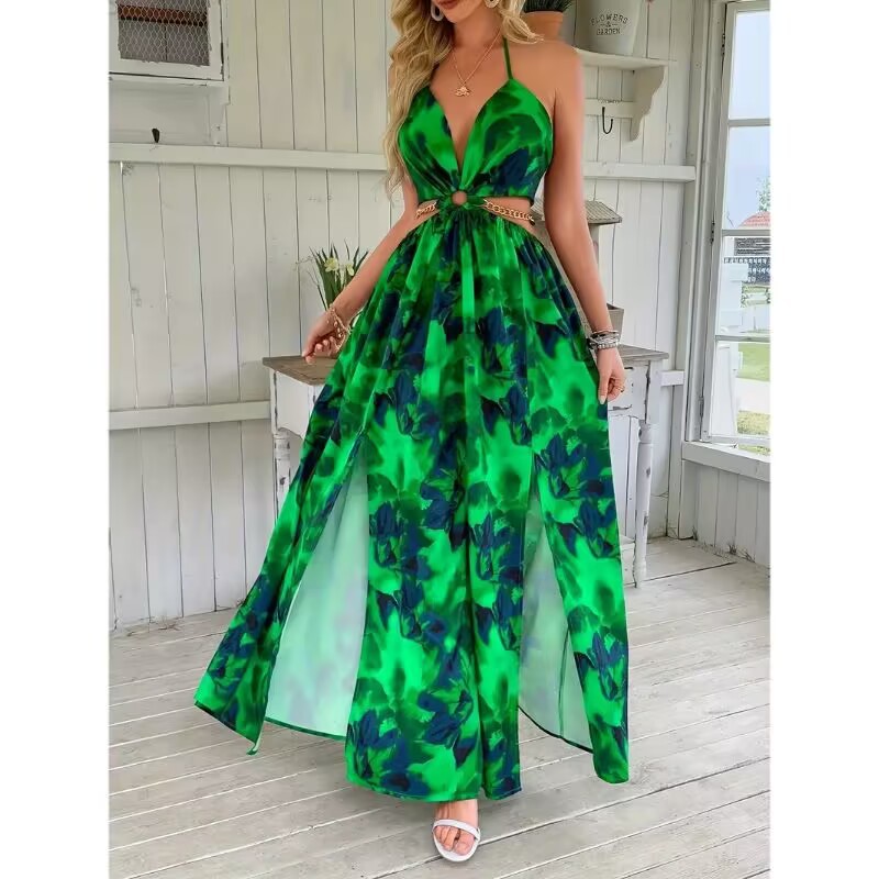 Robe "Flora-Chain" – Coupe Évasée, Dos Nu & Découpes Latérales avec Détail Chaîne
L'élégance florale sublimée par une touche d'audace