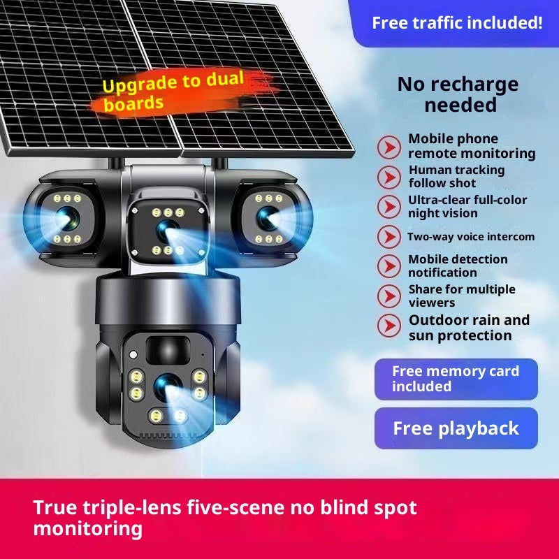 Caméra de surveillance solaire sans plug-in multi objectifs