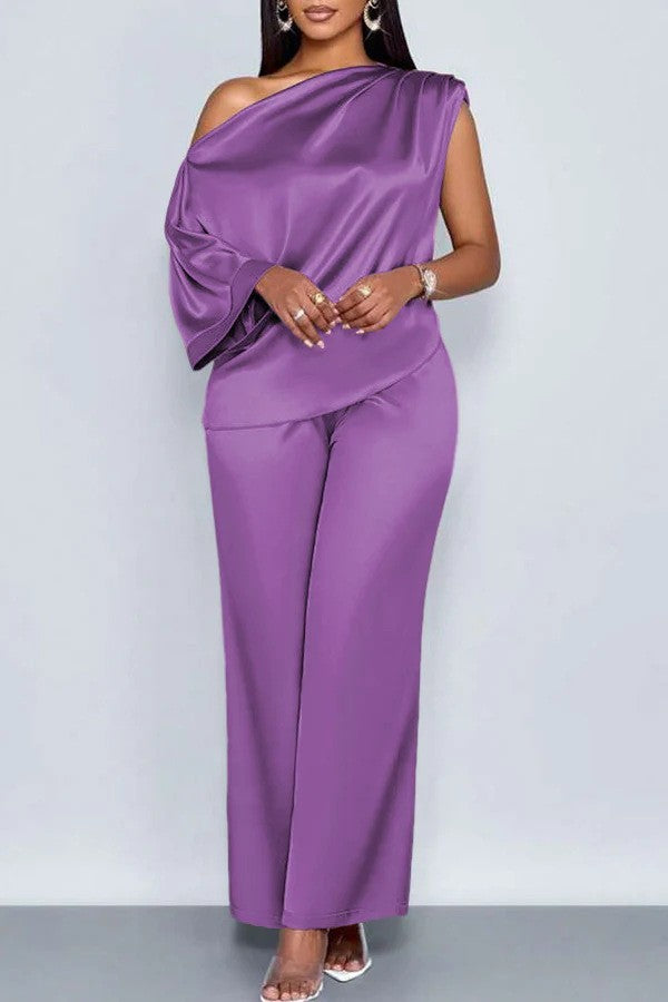 transfrontalier été décontracté Costume en satin pour femmes Col incliné Ensemble de pantalons à manches courtes