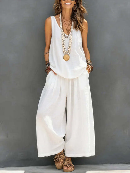 Débardeur décontracté sans manches de couleur unie pour femmes et pantalon à lambes larges Ensemble en lin de coton pour vêtements de tous les jours Tenue de vacances
