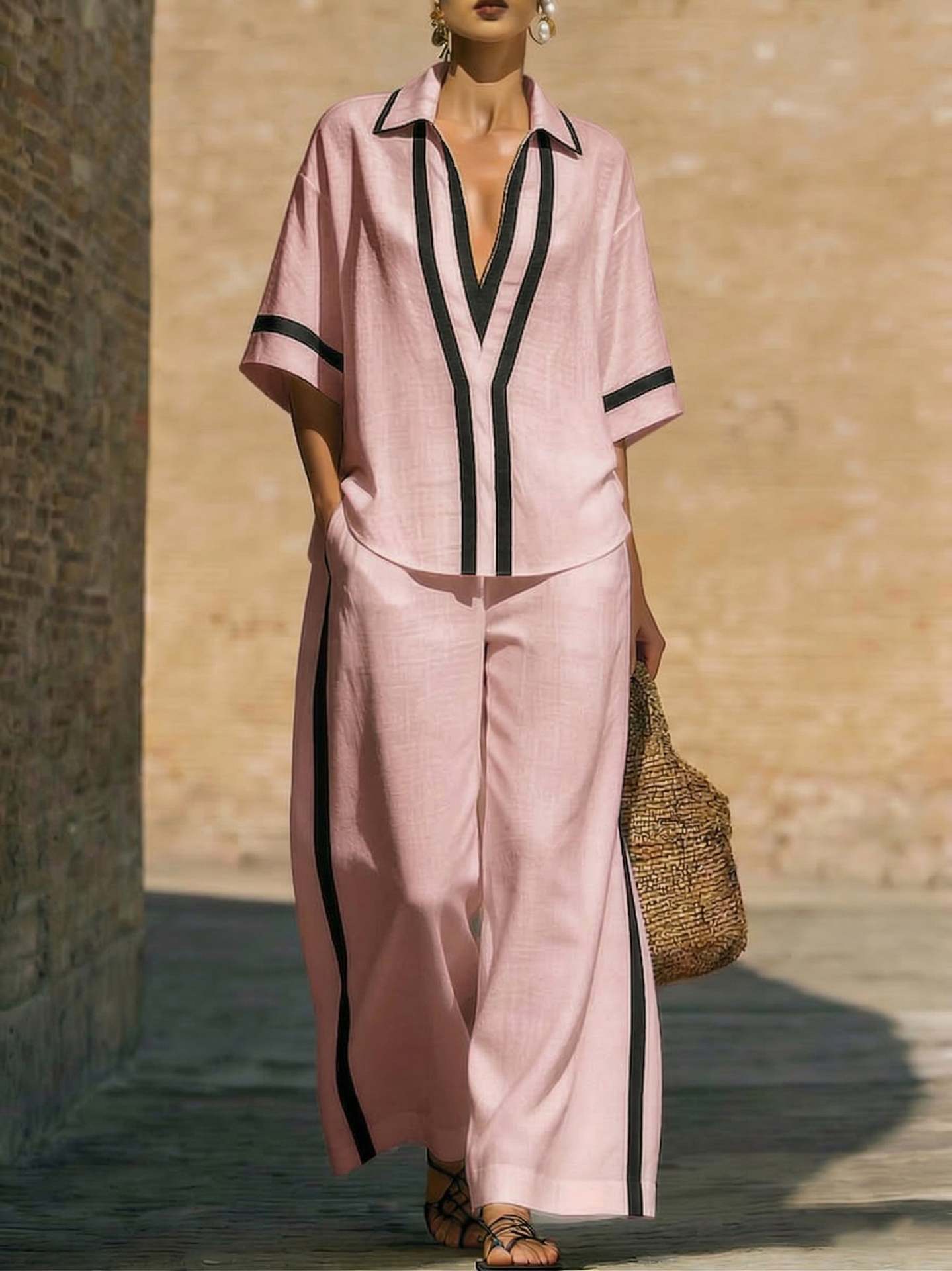 Ensemble "City-Chic" – Duo Haut Color-Block & Pantalon Palazzo à Jambes Larges