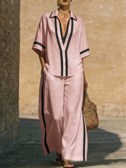 Ensemble "City-Chic" – Duo Haut Color-Block & Pantalon Palazzo à Jambes Larges